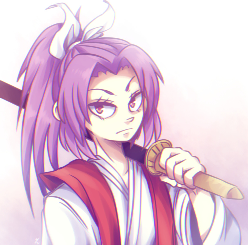 hair_ribbon japanese_clothes katana looking_at_viewer meira ponytail purple_eyes purple_hair ribbon sword touhou touhou_(pc-98) weapon yatsunote