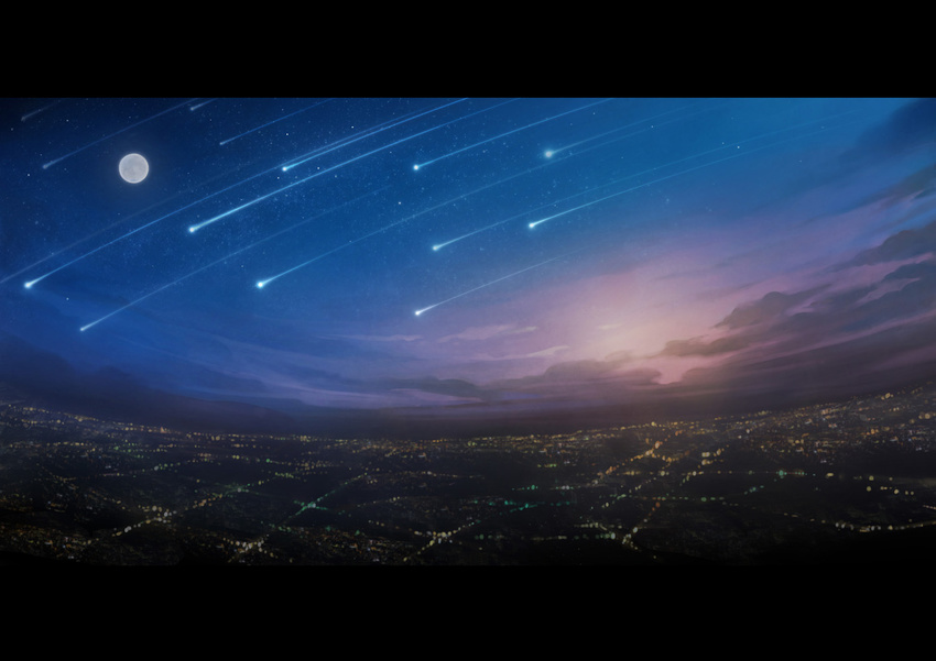 city city_lights fantasy full_moon landscape letterboxed moon night night_sky no_humans original outdoors sachi_(yumemayoi) scenery shooting_star sky star_(sky) starry_sky witch