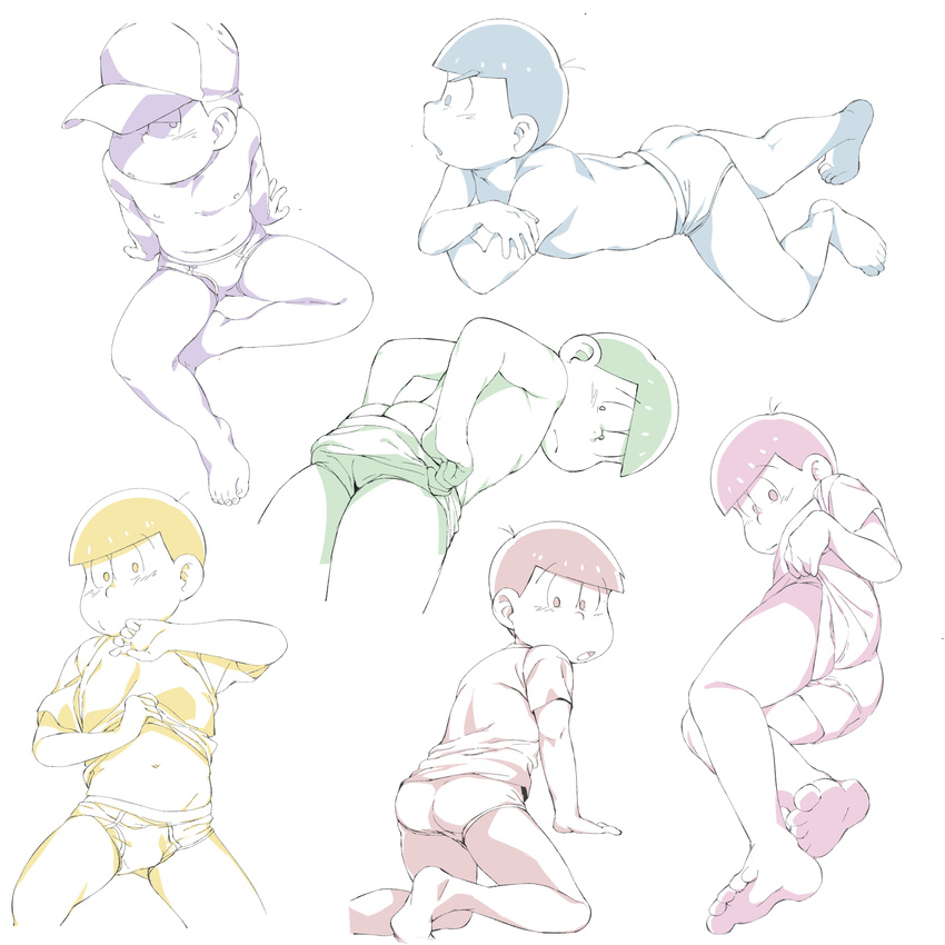 absurdres arm_support ass bare_chest baseball_cap blush briefs brothers bulge butt_crack hat highres lifting looking_at_viewer looking_back lying male_focus male_underwear matsuno_choromatsu matsuno_ichimatsu matsuno_juushimatsu matsuno_karamatsu matsuno_osomatsu matsuno_todomatsu multiple_boys navel on_stomach osomatsu-kun osomatsu-san sextuplets shirt_lift shirtless siblings underwear