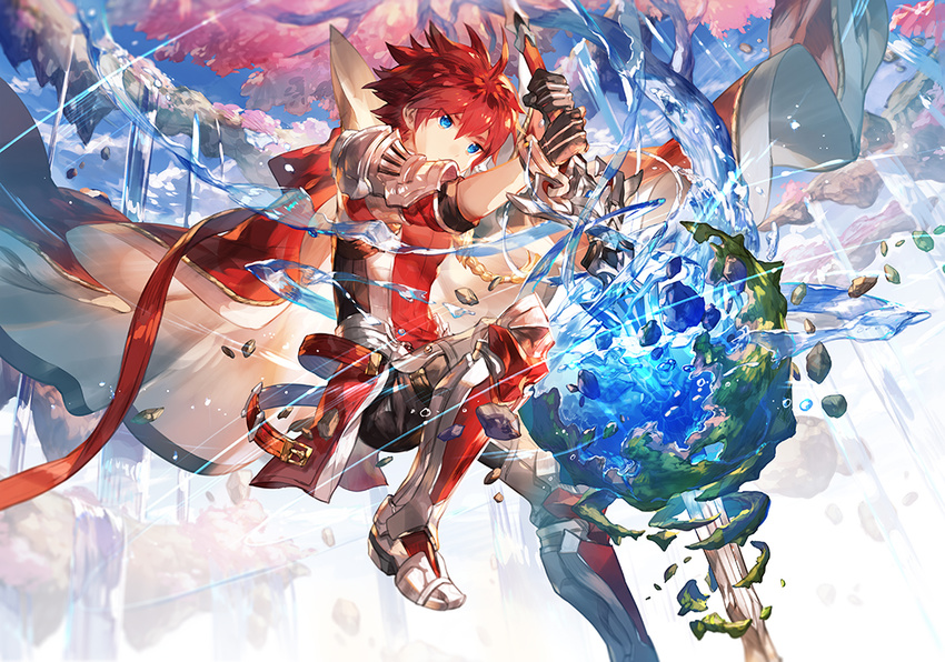 aiguillette belt blue_eyes boots cape commentary_request elsword elsword_(character) expressionless floating floating_object floating_rock gloves knight_emperor_(elsword) pauldrons planet red_hair scorpion5050 short_hair sword tree water weapon