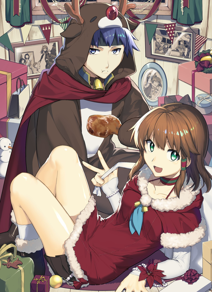 1girl absurdres animal_costume armor blue_eyes blue_hair boyd_(fire_emblem) brother_and_sister christmas closed_eyes dress fire_emblem fire_emblem:_souen_no_kiseki gloves highres ike kieran long_hair looking_at_viewer mist_(fire_emblem) open_mouth oscar photo_(object) reindeer_costume rhys rolf santa_costume short_hair siblings smile soren tdob_mk2 tiamat_(fire_emblem) w wayu_(fire_emblem) weapon