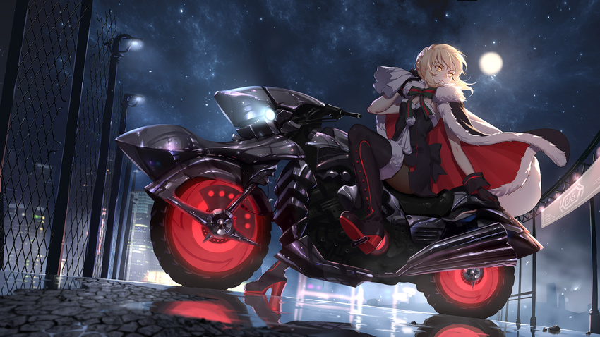 artoria_pendragon_(all) backlighting bangs bare_arms black_cape black_dress black_footwear black_gloves black_legwear blonde_hair boots breasts cape chain-link_fence city cleavage dress fate/grand_order fate_(series) fence from_side full_body full_moon fur-trimmed_cape fur-trimmed_legwear fur_trim gloves ground_vehicle high_heel_boots high_heels highres lamppost light looking_back medium_breasts moon mosquito_coils motor_vehicle motorcycle night night_sky outdoors over_shoulder pantyhose parted_lips pom_pom_(clothes) puddle reflection road sack santa_alter shiny short_hair sky smile solo star_(sky) starry_sky strapless strapless_dress street thigh_boots thighhighs tsurime water yellow_eyes