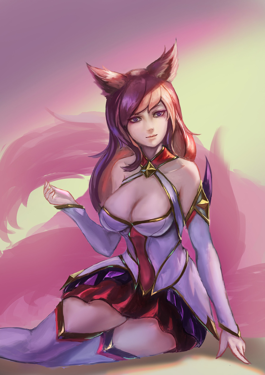 1girl ahri alternate_costume alternate_hair_color animal_ears cleavage fox_ears fox_girl gloves league_of_legends looking_at_viewer magical_girl peach_hair purple_eyes skirt smile solo star_guardian_ahri thigh_boots tiara white_boots