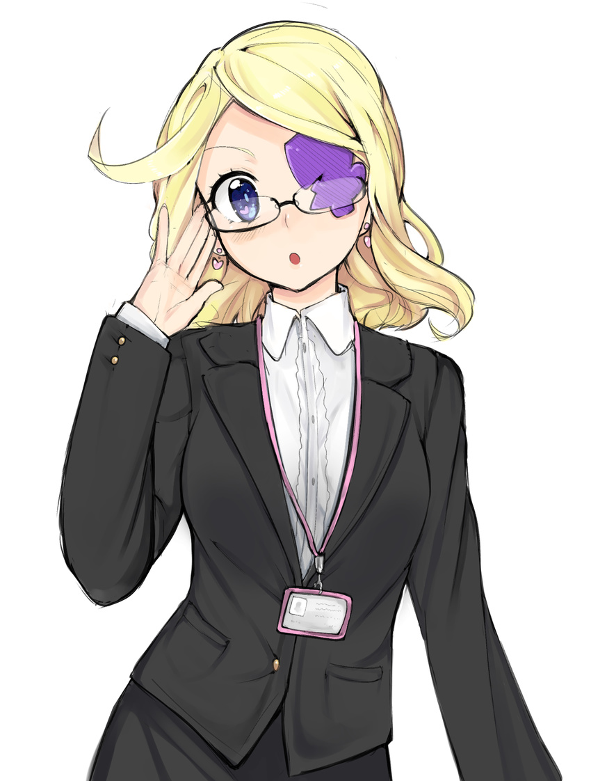 :o black-framed_eyewear black_jacket black_skirt blonde_hair blue_eyes blush collared_shirt contrapposto earrings eyepatch formal glasses hand_up harime_nui heart heart_earrings highres jacket jewelry kill_la_kill long_sleeves looking_at_viewer name_tag older otxoa60 parted_lips pencil_skirt semi-rimless_eyewear shirt simple_background skirt solo standing suit symbol_in_eye under-rim_eyewear upper_body white_background white_shirt