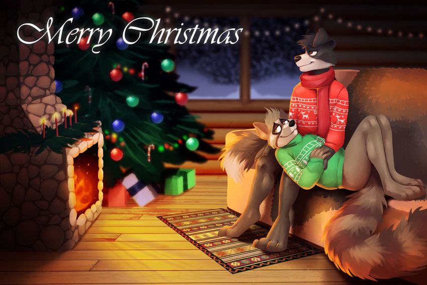 2017 4_toes black_fur black_nose border_collie bottomless brown_fur brown_tail candle candy candy_cane canine christmas christmas_bulb christmas_tree clothed clothing collie detailed_background dipstick_tail dog duo english_text fire fireplace fluffy fluffy_tail food fur gift green_topwear hand_holding holidays light lit_candle lite_(character) long_tail lying male male/male mammal miramint multicolored_fur multicolored_tail on_back on_couch procyonid raccoon red_topwear rug ryai_(character) scarf shadow sitting snout striped_tail stripes sweater tan_fur tan_tail text toes tree two_tone_fur two_tone_tail white_fur window wood_floor wooden_wall