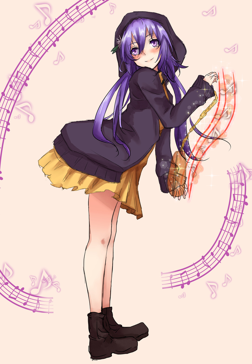 absurdres amagi_(amagi626) beamed_eighth_notes biwa_lute blush boots brown_dress dress eighth_note flower hair_flower hair_ornament highres hood hoodie instrument long_hair looking_back low_twintails lute_(instrument) musical_note purple_eyes purple_hair quarter_note smile solo staff_(music) touhou tsukumo_benben twintails