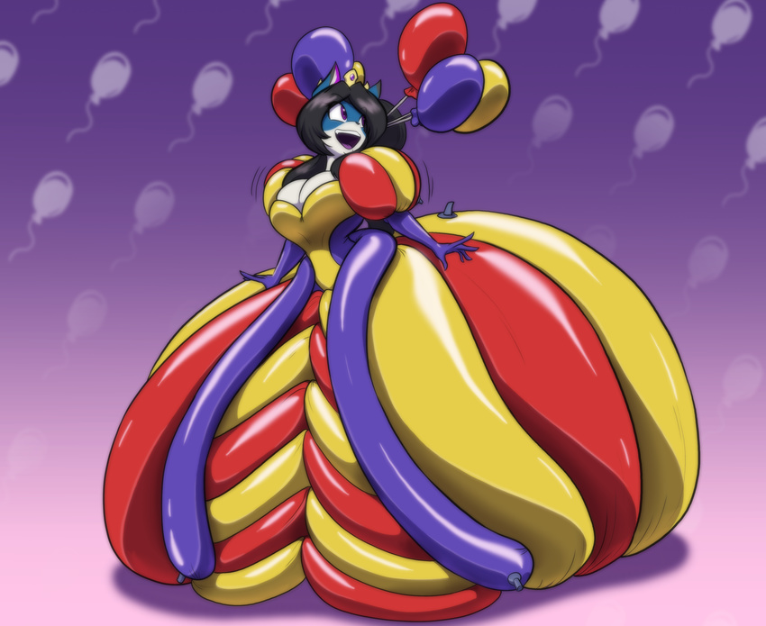 2017 anthro armwear ball_gown balloon ballroom_gown big_breasts black_hair blue_fur breasts cat cleavage clothed clothing digital_media_(artwork) dress elbow_gloves feline female flavia fur gloves hair hi_res inflatable mammal purple_eyes rubber shiny simple_background smile solo standing toughset