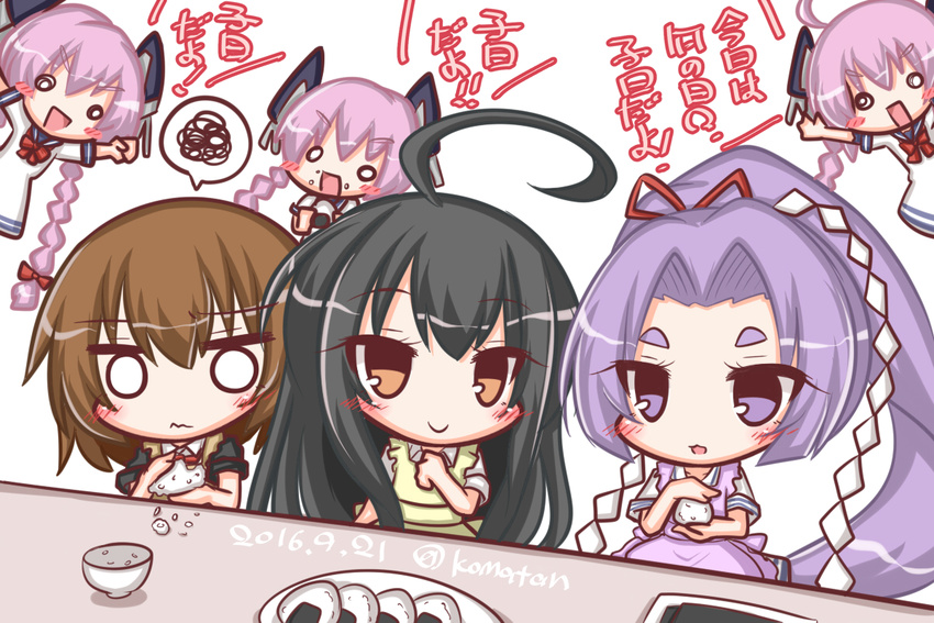 :d ahoge apron bangs black_hair black_jacket blush blush_stickers bow bowl bowtie braid brown_apron brown_eyes brown_hair closed_mouth collared_shirt dated dress eating eyebrows_visible_through_hair food food_on_face hair_between_eyes hair_ribbon hatsuharu_(kantai_collection) hatsushimo_(kantai_collection) headgear high_ponytail jacket kantai_collection komakoma_(magicaltale) long_hair multiple_girls nenohi_(kantai_collection) o_o onigiri open_mouth parted_bangs parted_lips pink_hair plate ponytail purple_apron purple_eyes purple_hair red_neckwear red_ribbon ribbon rice rice_on_face sailor_dress shide shirt short_eyebrows short_hair short_sleeves smile spoken_squiggle squiggle table translated twitter_username very_long_hair wakaba_(kantai_collection) white_background white_dress white_shirt yellow_apron