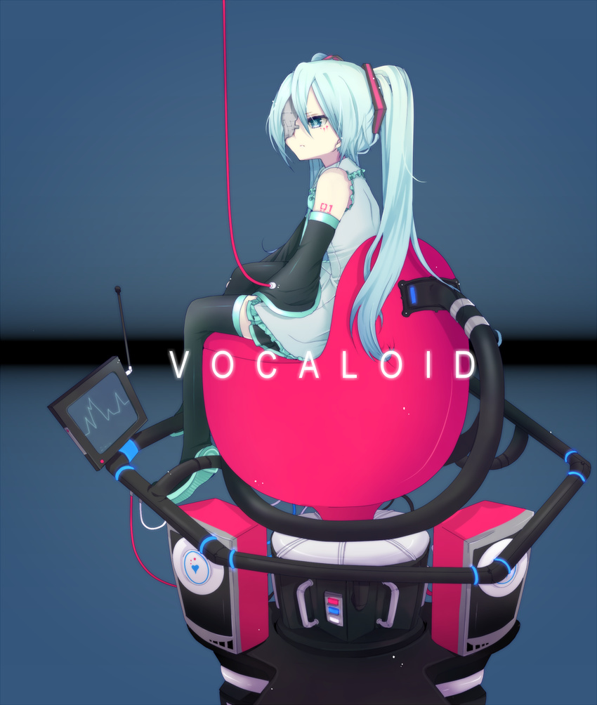 aqua_hair bad_id bad_pixiv_id boots detached_sleeves eyepatch hatsune_miku highres long_hair momoshiki_tsubaki sitting solo thigh_boots thighhighs twintails vocaloid