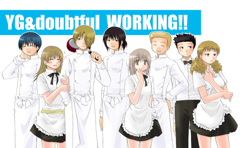 5boys adachi_masahiro apron black_hair blonde_hair blue_hair bow bowtie chef crossover frying_pan kondou_kisaki kouno_takuya multiple_boys multiple_girls muranushi_sayuri official_art saiki_kouki satou_jun skirt souma_hiroomi takatsu_karino todoroki_yachiyo waiter waitress working!! working!!_(web_manga)