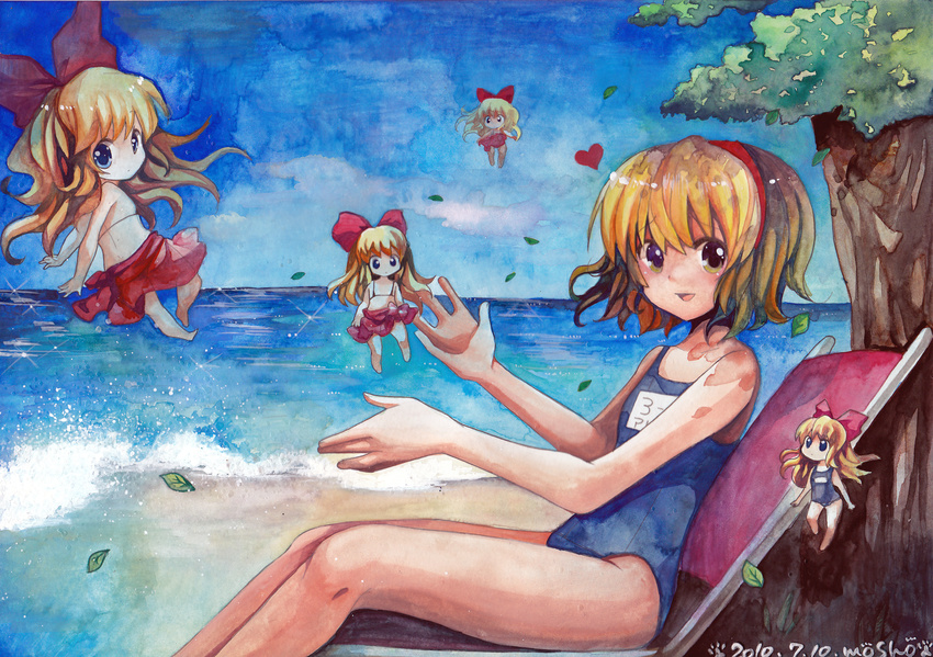 alice_margatroid beach bikini blonde_hair blue_eyes dated day highres matching_shanghai minigirl mosho one-piece_swimsuit red_sarong sarong school_swimsuit shanghai_doll short_hair signature solo swimsuit touhou traditional_media watercolor_(medium)