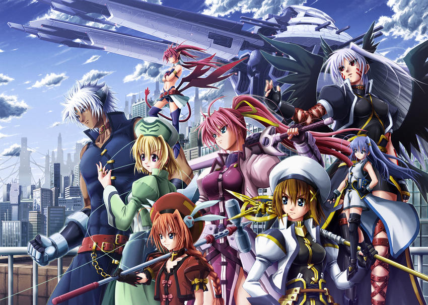 6+girls agito_(nanoha) angel_wings animal_ears arm_belt armor asura_(nanoha) asymmetrical_legwear black_wings blonde_hair blue_eyes book book_of_the_azure_sky boots bow bracelet braid brown_hair building bunny chain city cloud cross day earrings facial_mark fingerless_gloves forehead_mark gauntlets gloves graf_eisen hair_bow hair_ornament hair_ribbon hammer hat head_wings highres jacket jewelry klarwind leg_belt levantine long_hair lyrical_nanoha magical_boy magical_girl mahou_shoujo_lyrical_nanoha_strikers midriff minigirl multiple_girls multiple_wings open_clothes open_jacket pink_hair pointy_ears ponytail purple_hair red_eyes red_hair reinforce reinforce_zwei ribbon ring schwertkreuz sentaro shamal short_hair signum silver_hair single_thighhigh skirt skyscraper space_craft staff stuffed_animal stuffed_toy sword tail thigh_boots thighhighs twin_braids twintails vita waist_cape weapon winged_hair_ornament wings wire x_hair_ornament yagami_hayate zafira