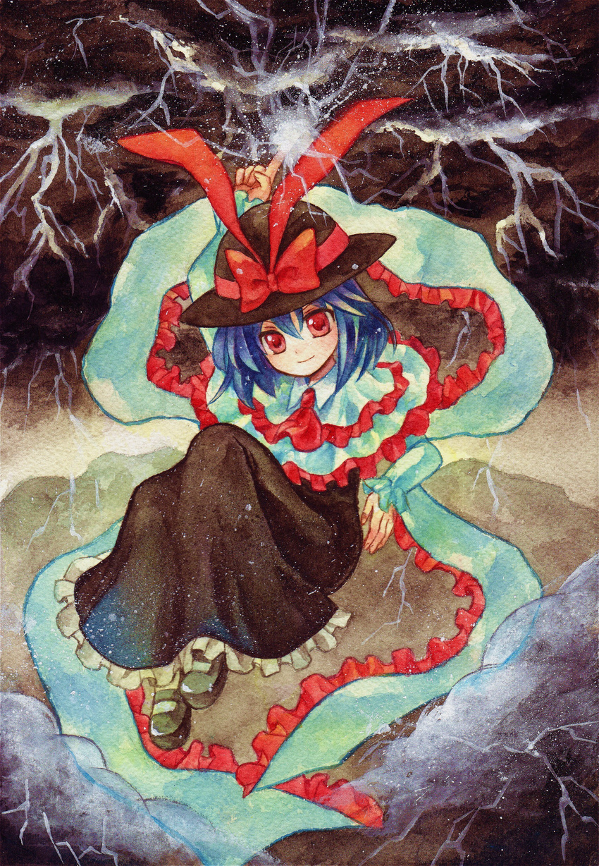 absurdres bad_id bad_pixiv_id blue_hair bow cloud dress frills hanekoto hat highres lightning nagae_iku pointing red_eyes shawl short_hair sky smile solo touhou traditional_media watercolor_(medium)