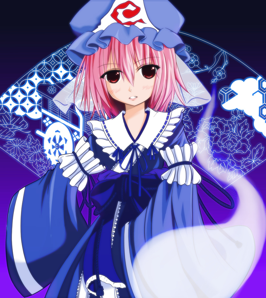 absurdres bow emina fan frills ghost goshoguruma hat highres japanese_clothes pink_hair red_eyes saigyouji_yuyuko saigyouji_yuyuko's_fan_design shippou_(pattern) solo touhou