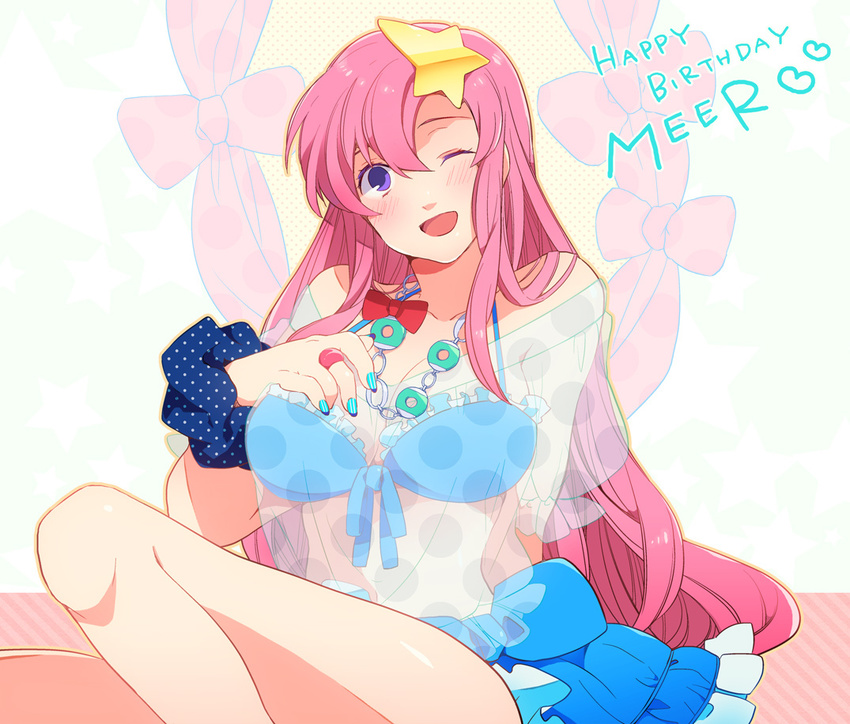 bad_id bad_pixiv_id bikini_top birthday blue_nails blush eterno front-tie_top gundam gundam_seed gundam_seed_destiny hair_ornament jewelry long_hair meer_campbell nail_art nail_polish necklace one_eye_closed pink_hair purple_eyes ring see-through solo star star_hair_ornament