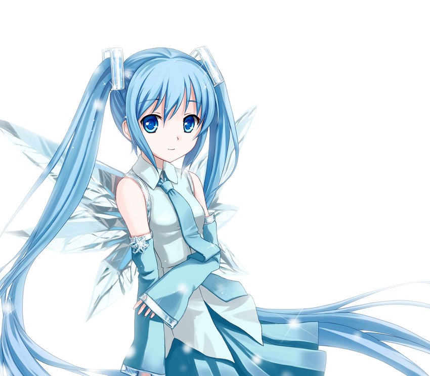 alternate_color alternate_hair_color blue_eyes blue_hair blue_wings detached_sleeves hatsune_miku ice ice_wings light_smile long_hair necktie simple_background skirt smile snow snowflakes solo tucana twintails very_long_hair vocaloid wings