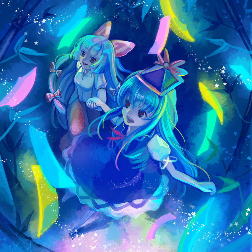 bamboo bamboo_forest blue_hair bow forest fujiwara_no_mokou glowing hair_bow hat highres holding_hands jino kamishirasawa_keine long_hair multiple_girls nature night red_eyes star tanabata touhou very_long_hair white_hair