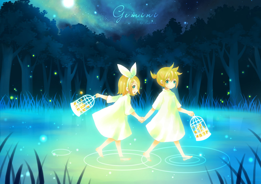 1girl barefoot birdcage blonde_hair blue_eyes brother_and_sister cage dress eulb fireflies forest gemini_(vocaloid) highres kagamine_len kagamine_rin nature ribbon siblings star twins vocaloid water