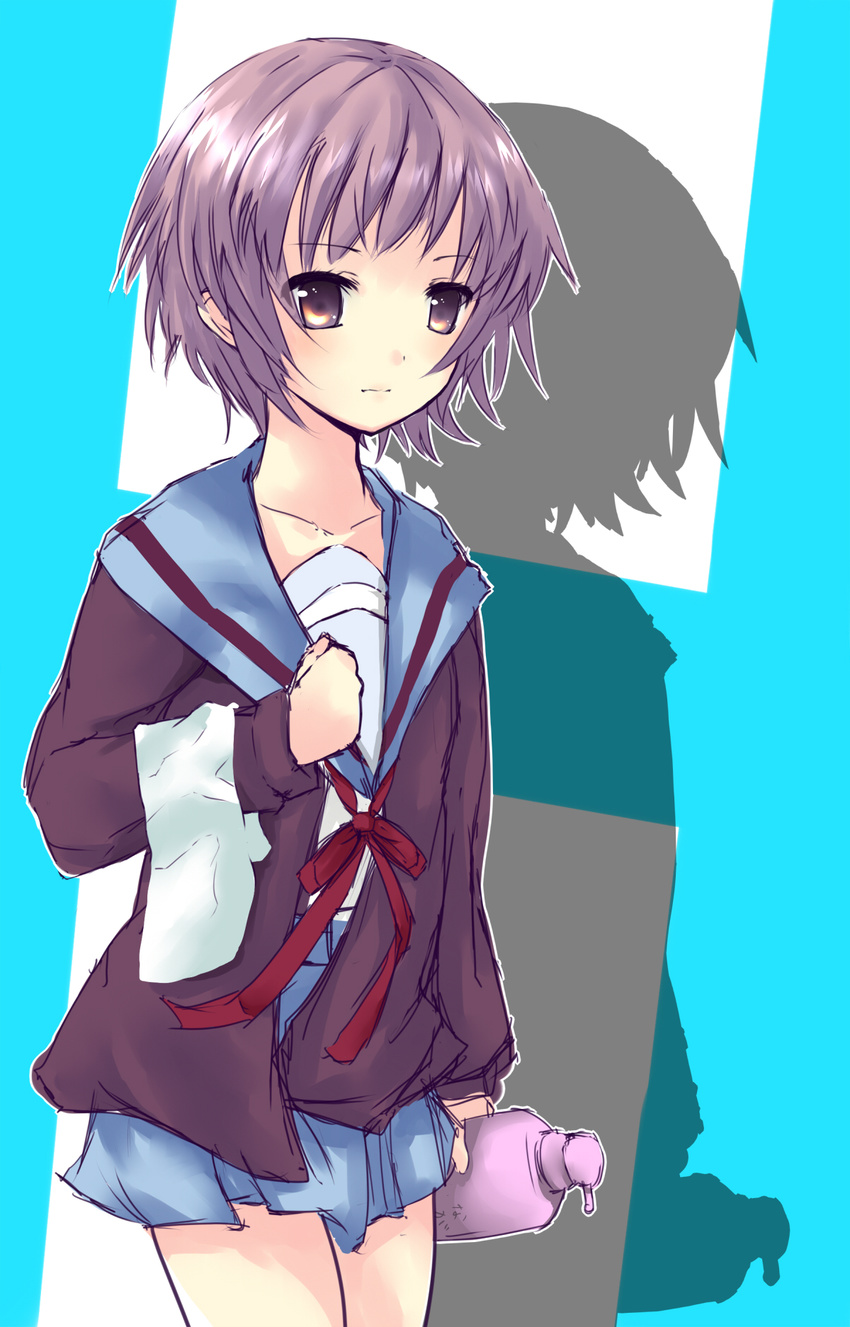 bad_id bad_pixiv_id bangs bottle brown_eyes glasses grey_hair h highres kita_high_school_uniform mkcrf nagato_yuki school_uniform serafuku short_hair solo suzumiya_haruhi_no_yuuutsu towel