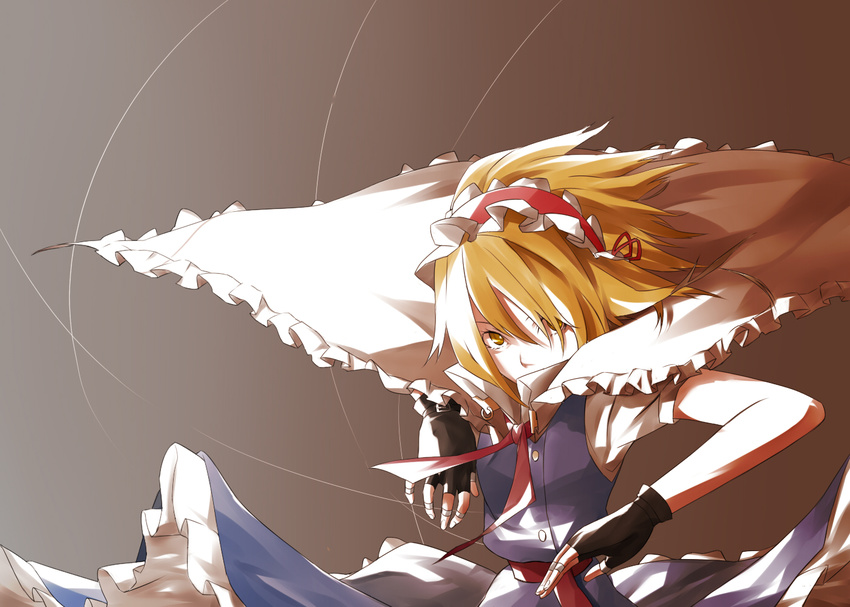 alice_margatroid blonde_hair cape capelet fingerless_gloves frills gathers gloves hair_over_one_eye mitsusaka_mitsumi simple_background solo string touhou