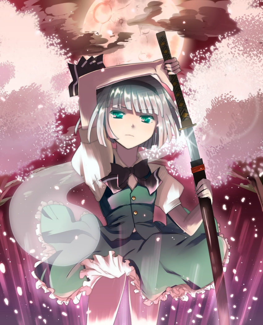 bad_id bad_pixiv_id bangs blunt_bangs cherry_blossoms chirosuke cloud dress full_moon ghost glowing glowing_eyes green_eyes grey_hair hair_ribbon hairband highres katana konpaku_youmu konpaku_youmu_(ghost) moon petals ribbon serious sheath short_hair silver_hair solo sword touhou unsheathing weapon