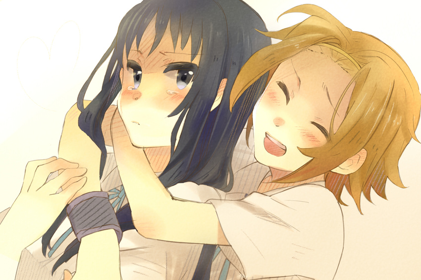 akiyama_mio bad_id bad_pixiv_id black_hair blue_eyes blush brown_hair closed_eyes hug k-on! karuha long_hair multiple_girls school_uniform short_hair tainaka_ritsu tears wristband yuri