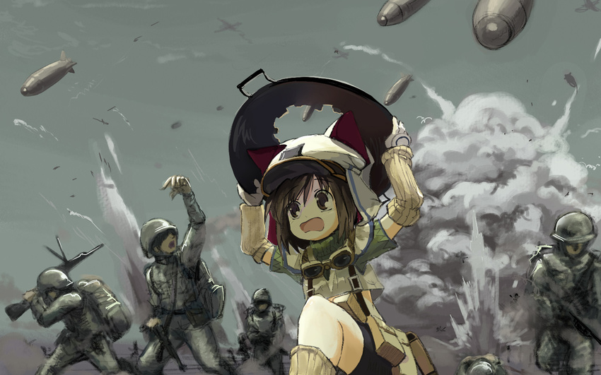 animal_ears aruru_no_zaki battlefield bomb brown_hair cat_ears explosion fleeing gloves goggles gun hat highres md5_mismatch military odd_one_out pouch rathty running scared short_hair shorts sky soldier solo tears_to_tiara uniform wallpaper war weapon wok