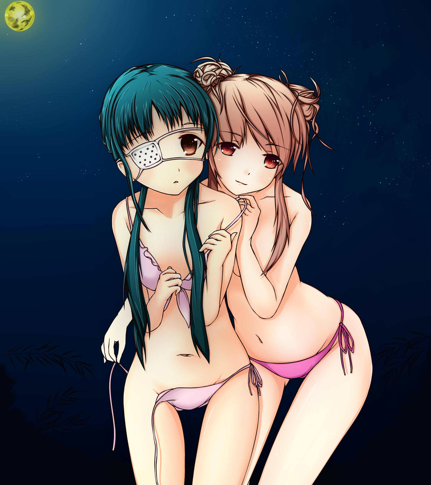 assisted_exposure bikini brown_hair buffalo8 derivative_work eyepatch green_hair groin highres jpeg_artifacts long_hair multiple_girls navel night night_sky original pink_bikini red_eyes side-tie_bikini sky smile swimsuit undressing untied untied_bikini