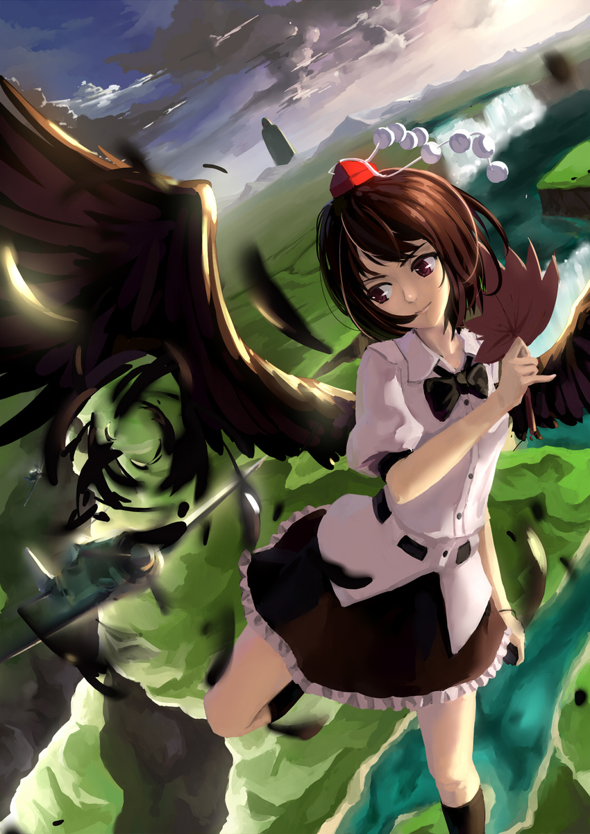 aircraft airplane black_wings brown_hair fan feathers fw_190 hat highres hisou_tensoku juesnow looking_away red_eyes shameimaru_aya short_hair smile solo tokin_hat touhou wings