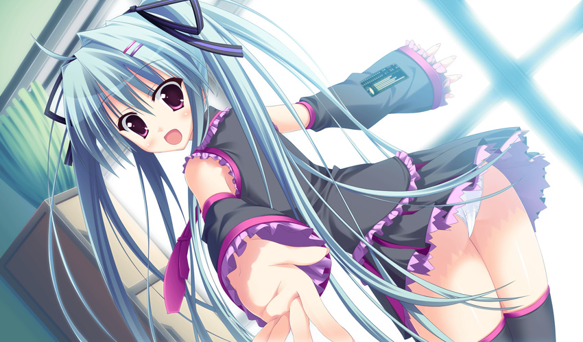 :o ahoge angel_ring ass black_legwear blue_hair blush cosplay detached_sleeves frills game_cg hair_ribbon hatsune_miku hatsune_miku_(cosplay) highres leaning_forward long_hair looking_back necktie non-web_source open_mouth outstretched_arms panties pantyshot purple_eyes ribbon saeki_nao shiki_azusa skirt solo spread_arms surprised thighhighs thighs twintails underwear upskirt very_long_hair vocaloid white_panties window yamakaze_ran