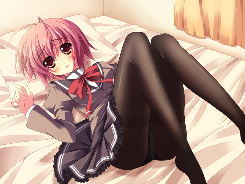 a_flow ass bed black_legwear blush copyright_request highres legs lying on_back panties panties_under_pantyhose pantyhose red_eyes red_hair school_uniform solo thighband_pantyhose toe-point underwear upskirt