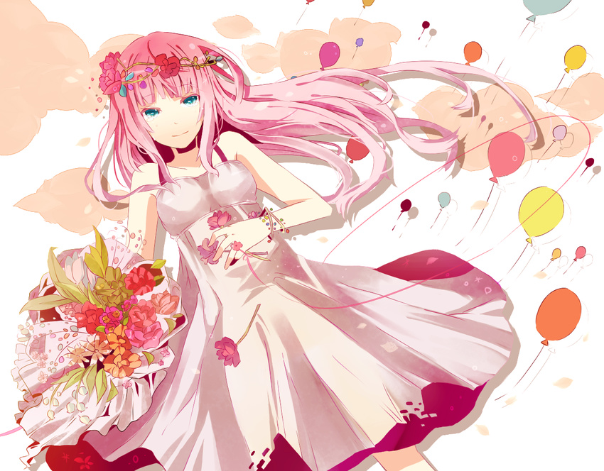 aqua_eyes bad_id bad_pixiv_id balloon bouquet bracelet colored_eyelashes dress eyelashes flower head_wreath itamidome jewelry just_be_friends_(vocaloid) long_hair megurine_luka pink_hair smile solo tears vocaloid white_dress
