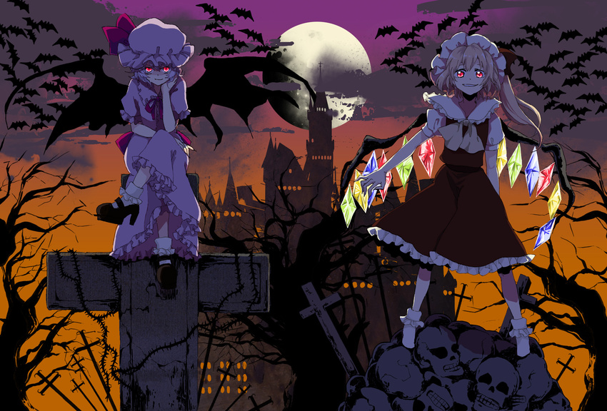 bad_id bad_pixiv_id bat bat_wings blonde_hair blue_hair castle cross flandre_scarlet hat highres masui moon multiple_girls ponytail red_eyes remilia_scarlet short_hair siblings side_ponytail sisters skull touhou wings