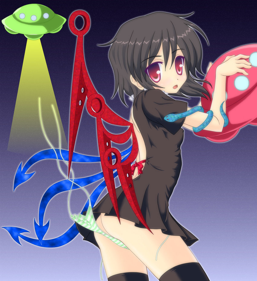 abduction asymmetrical_wings backless_dress backless_outfit bad_id bad_pixiv_id black_hair black_legwear clothes_theft dress highres houjuu_nue noveske_n4 panties panty_pull red_eyes short_hair side-tie_panties snake solo striped striped_panties theft thighhighs touhou ufo underwear underwear_theft untied untied_panties wardrobe_malfunction wings