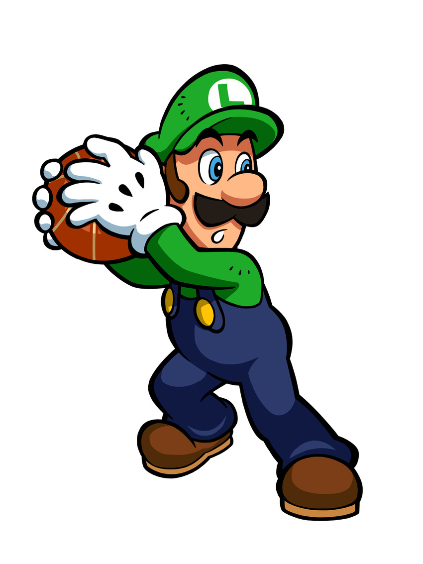 basketball blue_overalls green_hat green_shirt hat highres luigi male_focus mario_(series) official_art overalls shirt solo super_mario_bros.