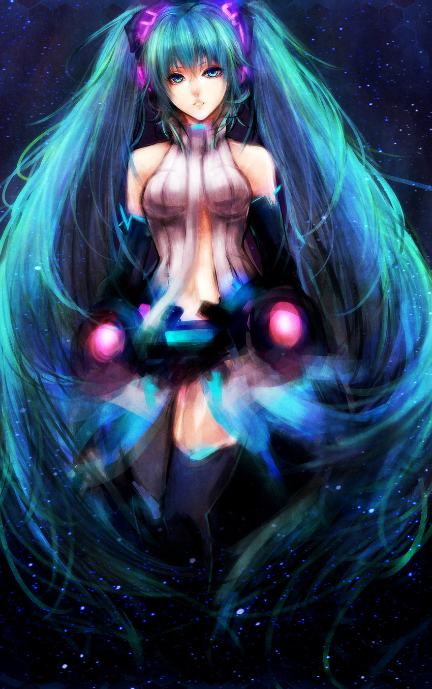 absurdres aqua_eyes aqua_hair elbow_gloves gloves hatsune_miku hatsune_miku_(append) highres long_hair necktie sasaki_ryou solo thighhighs twintails very_long_hair vocaloid vocaloid_append