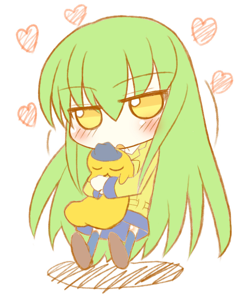 c.c. cheese-kun chibi code_geass green_hair heart highres long_hair pizza_hut solo towamin very_long_hair yellow_eyes