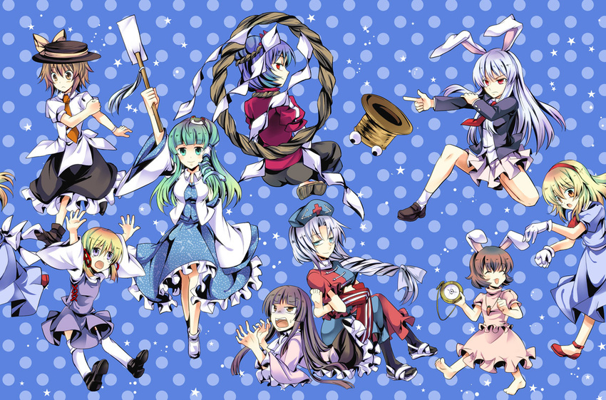 animal_ears bad_id bad_pixiv_id barefoot black_hair blazer blonde_hair blue_eyes bow brown_eyes brown_hair bunny_ears carrot carrot_necklace closed_eyes detached_sleeves dress frills frog gathers gloves green_eyes green_hair hair_bow hair_ornament hairband hat houraisan_kaguya inaba_tewi jacket jewelry kochiya_sanae long_hair maribel_hearn moriya_suwako multiple_girls necklace necktie nurse_cap open_mouth orange_eyes pendant purple_eyes purple_hair red_eyes reisen_udongein_inaba short_hair silver_hair skirt smile snake socks takitarou thighhighs touhou usami_renko yagokoro_eirin yasaka_kanako