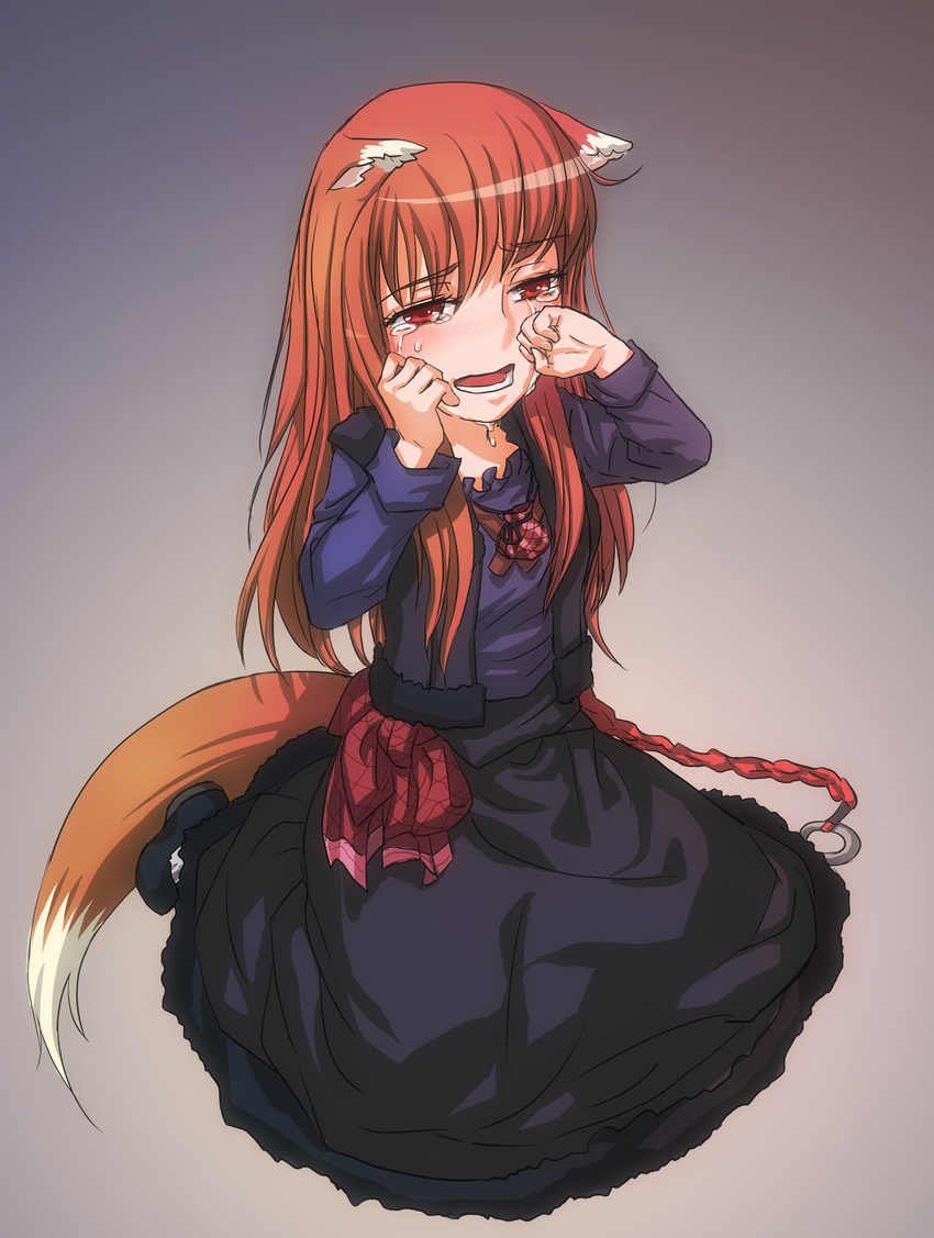 animal_ears bad_id bad_pixiv_id brown_hair dress goenitzchild highres holo long_hair pouch red_eyes sad solo spice_and_wolf tail tears wolf_ears wolf_tail