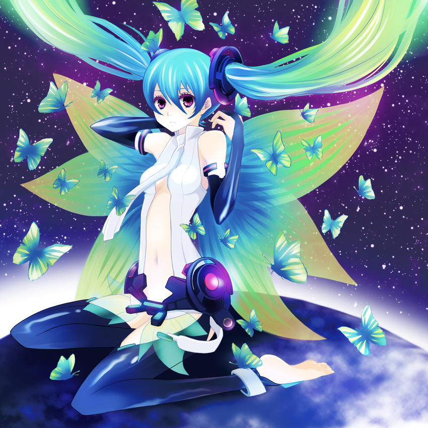 anklet aqua_hair bad_id bad_pixiv_id barefoot bridal_gauntlets bug butterfly center_opening floating_hair hatsune_miku hatsune_miku_(append) highres insect jewelry long_hair looking_at_viewer navel purple_eyes sitting sky solo star_(sky) starry_sky thighhighs twintails vocaloid vocaloid_append wariza wings wogura