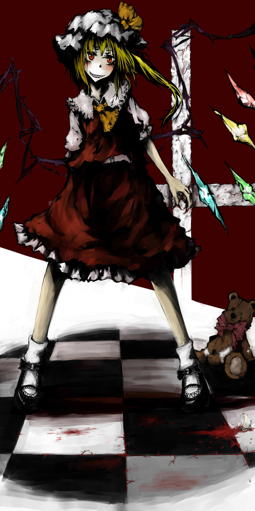 absurdres bad_id bad_pixiv_id blonde_hair blood cup dress flandre_scarlet grin hat highres jpeg_artifacts red_eyes side_ponytail siniti smile solo stuffed_animal stuffed_toy teacup teddy_bear touhou wings
