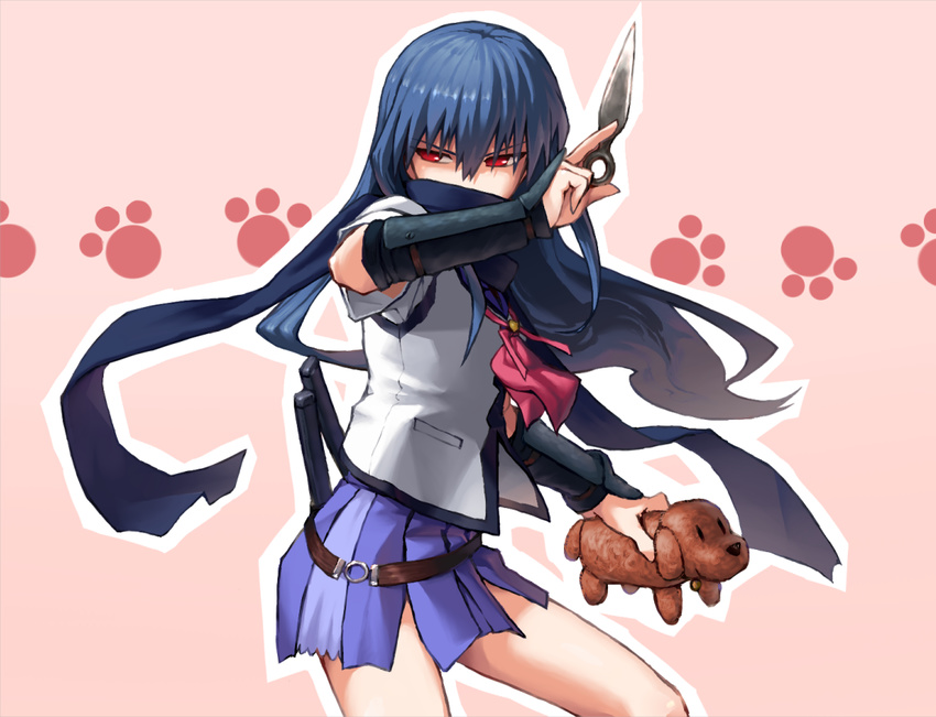 angel_beats! arm_guards armor bad_id bad_pixiv_id bangs black_hair black_scarf blue_skirt covered_mouth cowboy_shot hair_between_eyes holding holding_stuffed_animal holding_weapon japanese_armor kote kunai kurokote legs_apart long_hair miniskirt neckerchief outline paw_print pleated_skirt red_eyes scarf scarf_over_mouth school_uniform serafuku shiina_(angel_beats!) shoe-ji short_sleeves sideways_glance skirt solo stuffed_animal stuffed_dog stuffed_toy weapon white_outline