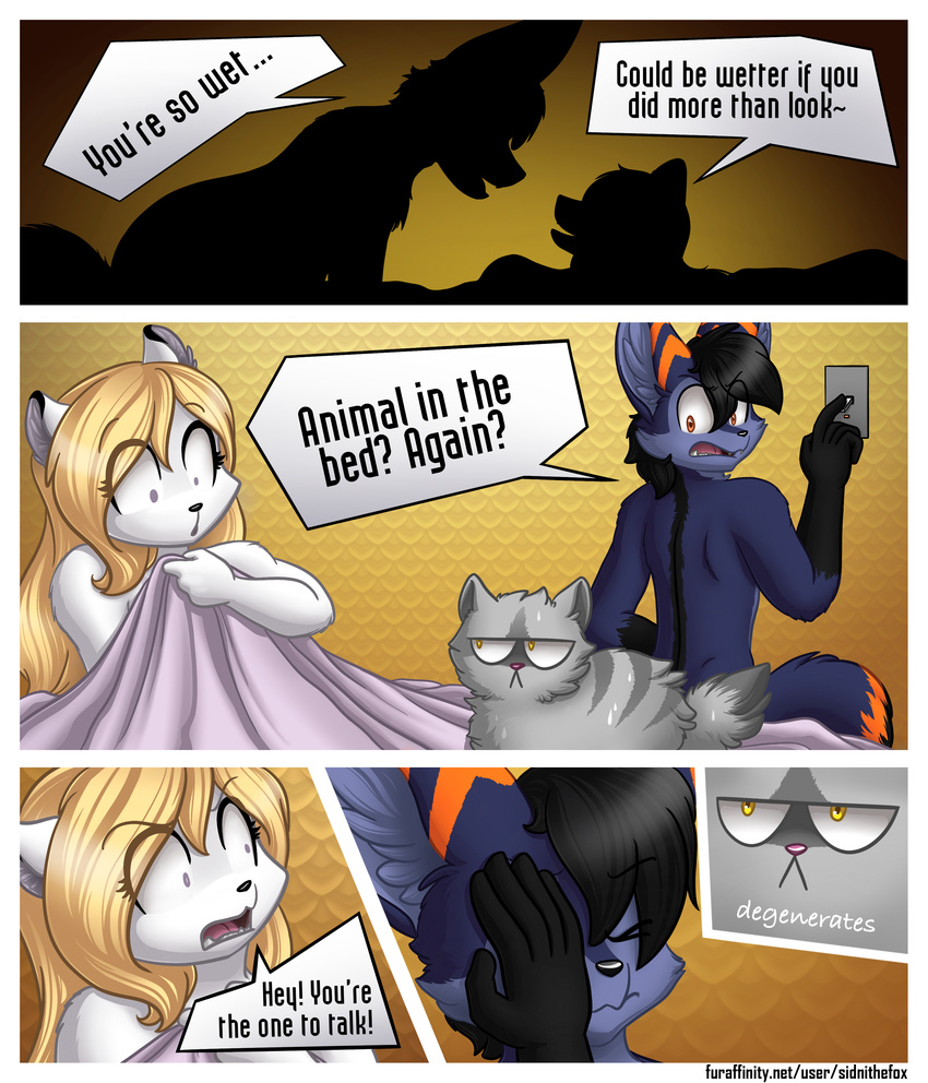 2017 anthro arctic_fox bed canine cat comic digital_media_(artwork) english_text feline female fennec fox fur hair hi_res humor mammal open_mouth sidni sidnithefox smaller_version_at_source stack_(character) text white_fur