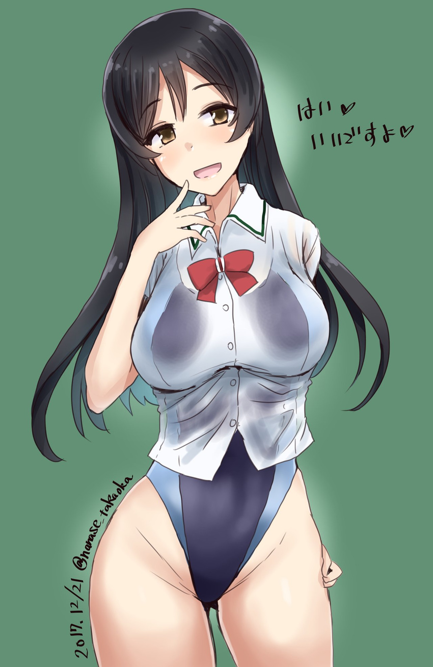 ass_visible_through_thighs black_hair breasts brown_eyes chikuma_(kantai_collection) competition_swimsuit cowboy_shot dated green_background highleg highleg_swimsuit highres kantai_collection large_breasts long_hair minase_(takaoka_nanase) one-piece_swimsuit open_mouth red_neckwear see-through simple_background smile solo standing swimsuit swimsuit_under_clothes translated twitter_username