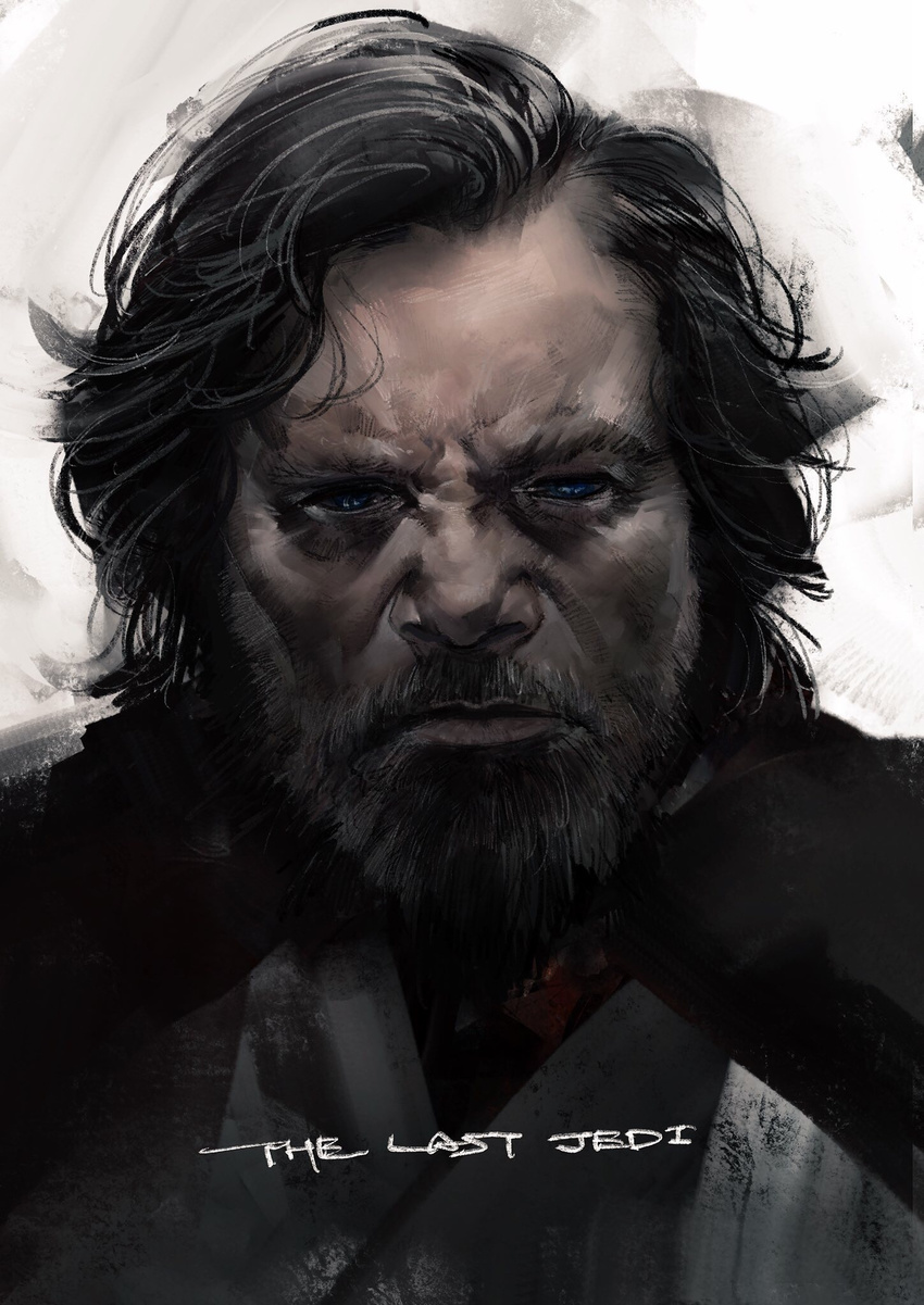 beard blue_eyes caucasian copyright_name eyebrows face facial_hair forehead furrowed_eyebrows highres hironakata jedi long_hair looking_at_viewer luke_skywalker male_focus manly non-anime_related non-asian old_man older portrait realistic science_fiction serious solo star_wars star_wars:_the_last_jedi uniform