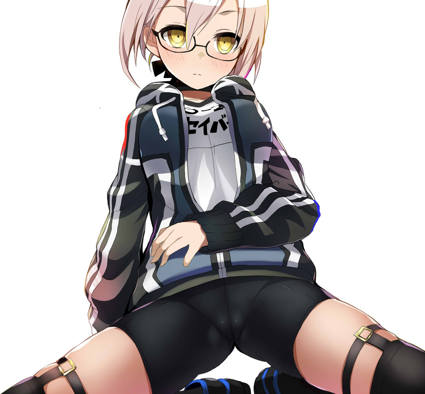 artoria_pendragon_(all) ass_visible_through_thighs bike_shorts blush cameltoe commentary_request fate/grand_order fate_(series) glasses gym_shirt hair_between_eyes highres hood hooded_track_jacket hoodie jacket kneeling mysterious_heroine_x_(alter) name_tag semi-rimless_eyewear shimejinameko shirt skindentation solo thigh_strap thighs track_jacket under-rim_eyewear white_background yellow_eyes