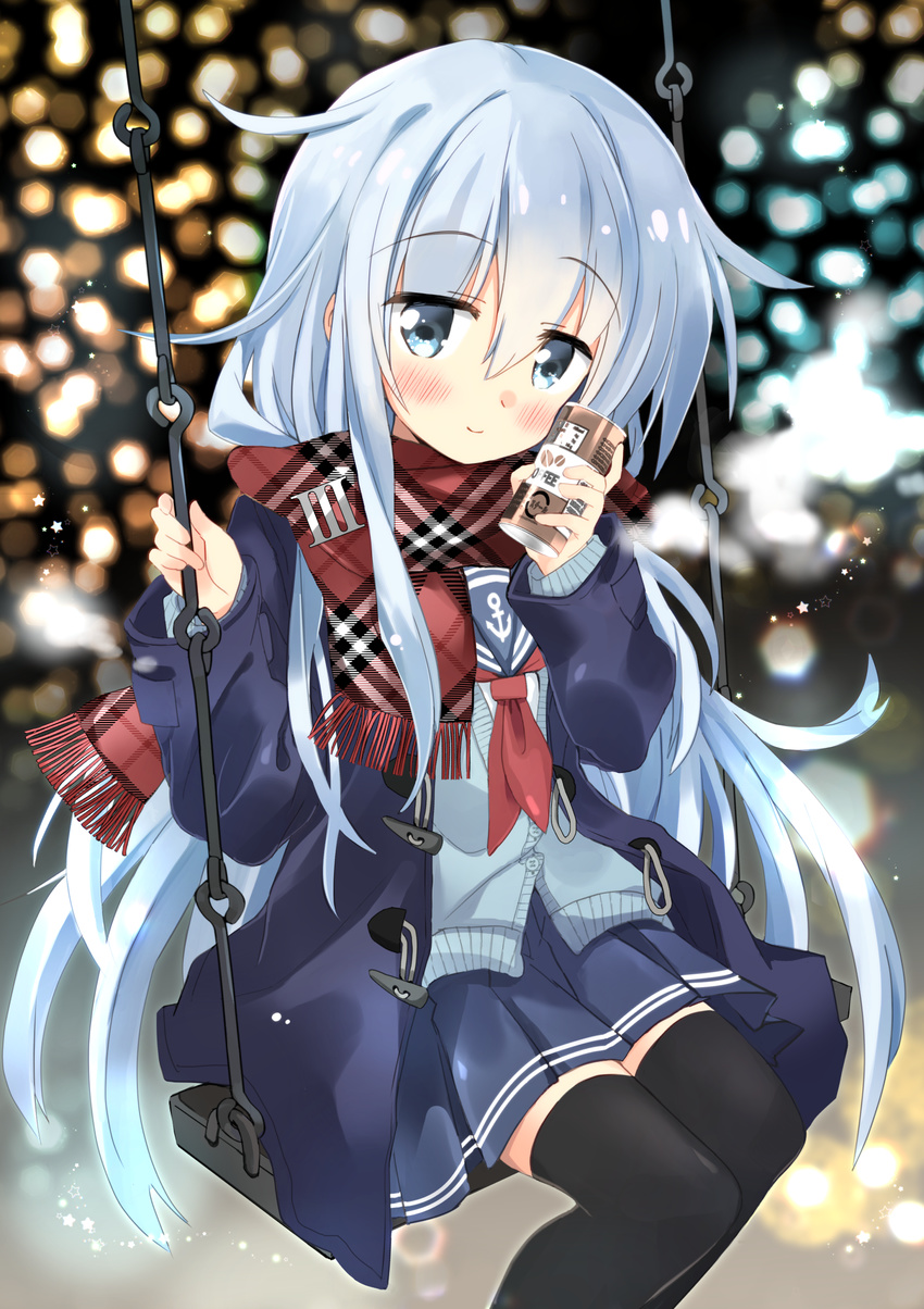 anchor_symbol bangs black_legwear blue_cardigan blue_coat blue_eyes blue_hair blue_skirt blush can canned_coffee cardigan closed_mouth coat commentary_request eyebrows_visible_through_hair hair_between_eyes head_tilt hibiki_(kantai_collection) highres hizuki_yayoi holding holding_can kantai_collection long_hair long_sleeves looking_at_viewer neckerchief no_hat no_headwear open_clothes open_coat partially_unbuttoned pleated_skirt red_neckwear school_uniform serafuku shirt sitting skirt smile solo swing thighhighs very_long_hair white_shirt winter_clothes winter_coat