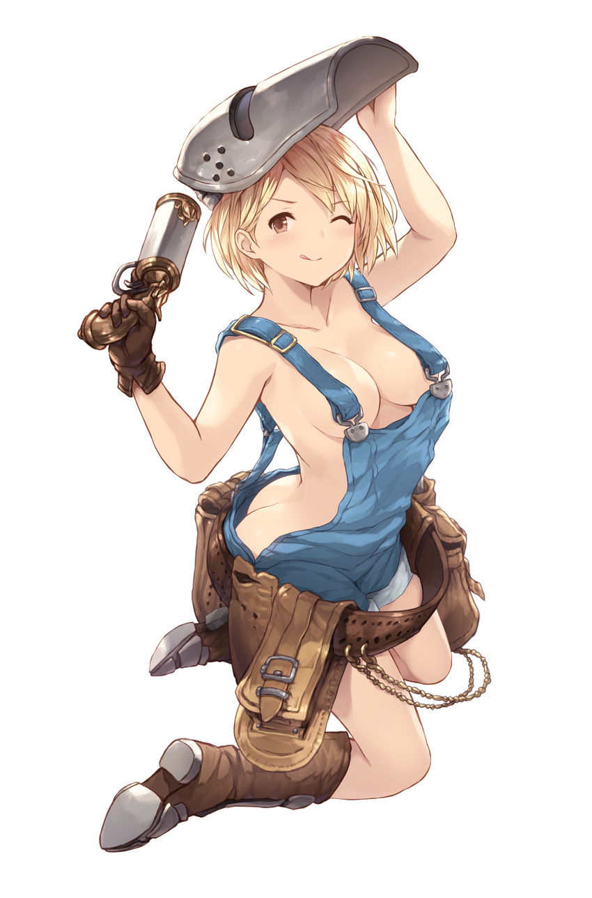 ;q absurdres arm_up ass bare_shoulders belt belt_pouch blonde_hair blush boots breasts brown_eyes brown_footwear brown_gloves cait chain collarbone djeeta_(granblue_fantasy) full_body gloves granblue_fantasy gun highres holding holding_gun holding_weapon knee_boots kneeling mechanic_(granblue_fantasy) medium_breasts naked_overalls one_eye_closed overalls paid_reward patreon_reward pouch short_hair simple_background solo tareme thighs tongue tongue_out twisted_torso v-shaped_eyebrows weapon welding_mask white_background