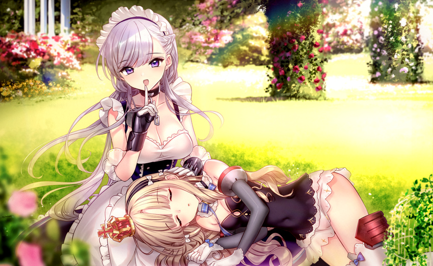 azur_lane bad_id bad_pixiv_id bangs belfast_(azur_lane) blonde_hair blurry braid chain closed_eyes collar collarbone commentary_request covered_navel crown day depth_of_field detached_sleeves eyebrows_visible_through_hair finger_to_mouth garden gloves half_updo lap_pillow long_hair looking_at_viewer maid maid_headdress mini_crown multiple_girls open_mouth outdoors purple_eyes queen_elizabeth_(azur_lane) rigging shushing sidelocks silver_hair sleeping smile tsukigami_runa white_gloves