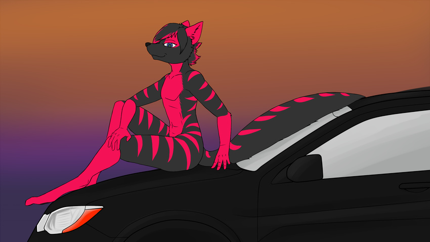 5_fingers aardwolf black_fur blue_eyes car chrysler_200s digitgrade_legs fur hyena invalid_tag male mammal marflebark mopar nude pink_stripes sitting smile smug solidscale solo stripes tasteful_nudity vehicle